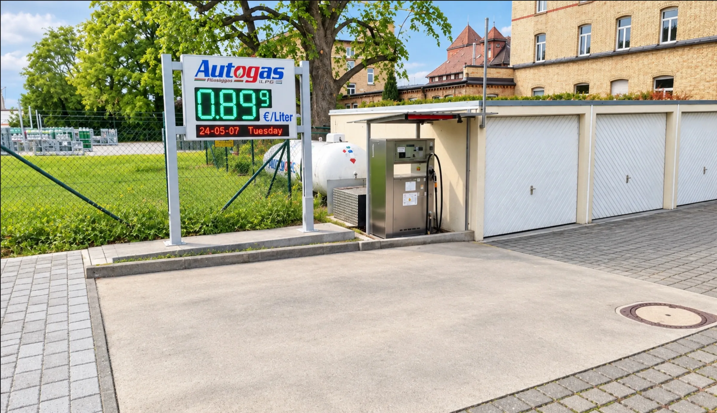 Autogas-Tankstelle am Sauerstoffwerk Remshalden mit Preisanzeige, Zapfsäule und Lagertank
